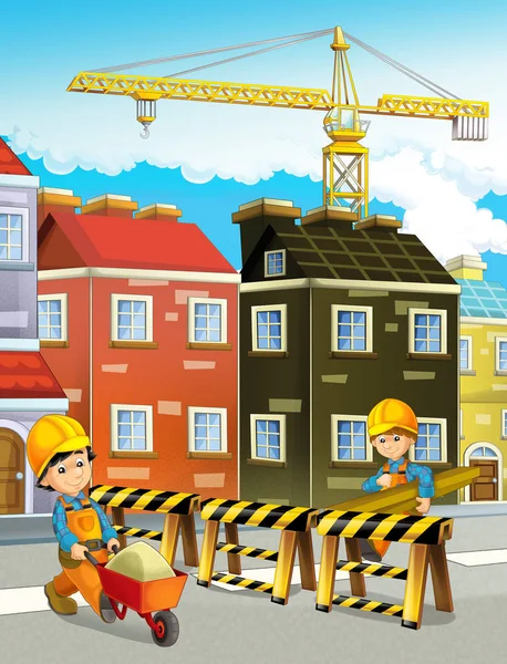 Sitio de construcción en carretera con hombres trabajadores — Foto de Stock