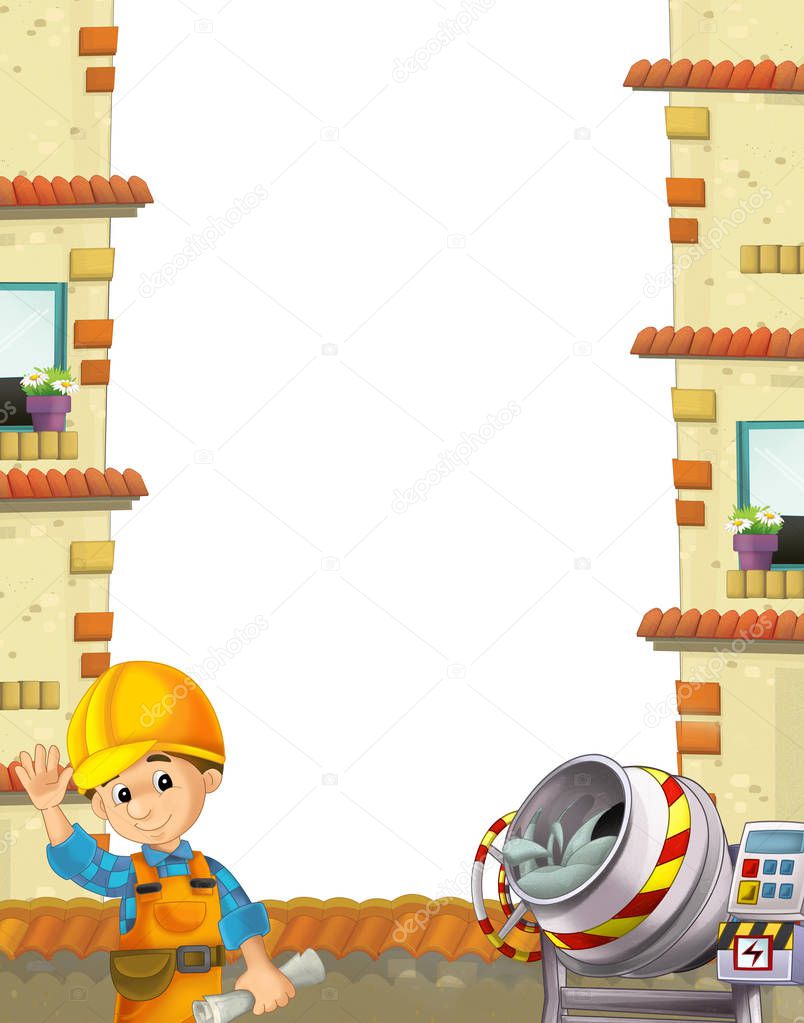 Construction Site Frame With Working Man And Concrete Mixer