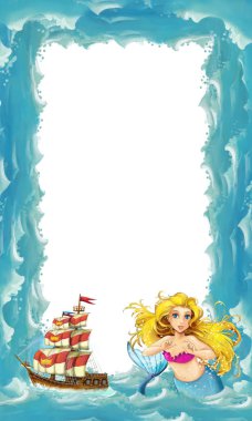 Deniz kızı ve ahşap gemi ile deniz çerçeve