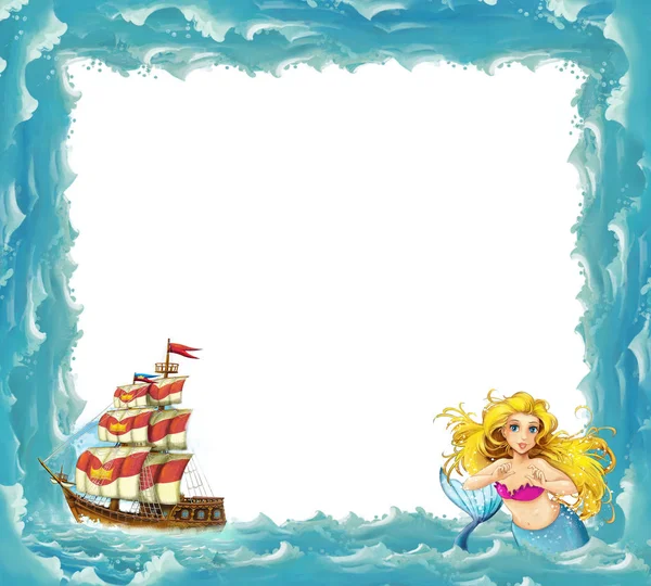 sea frame with mermaid and wooden ship