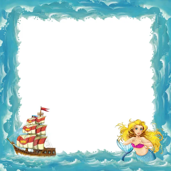 sea frame with mermaid and wooden ship