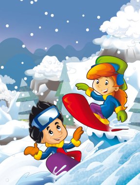 Erkek ve kız Freestyle yapıyor Snowboard slayt