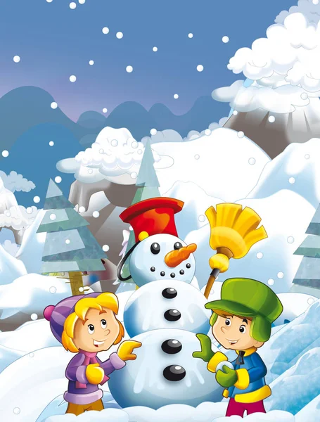 Menino e menina fazendo feliz e boneco de neve — Fotografia de Stock