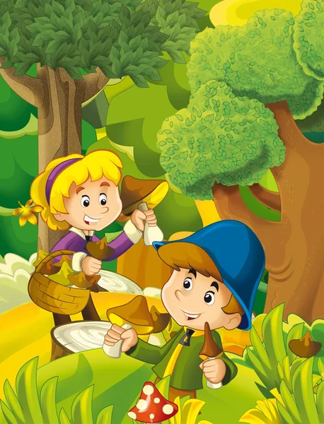 Cena de desenhos animados com crianças reunindo cogumelos — Fotografia de Stock