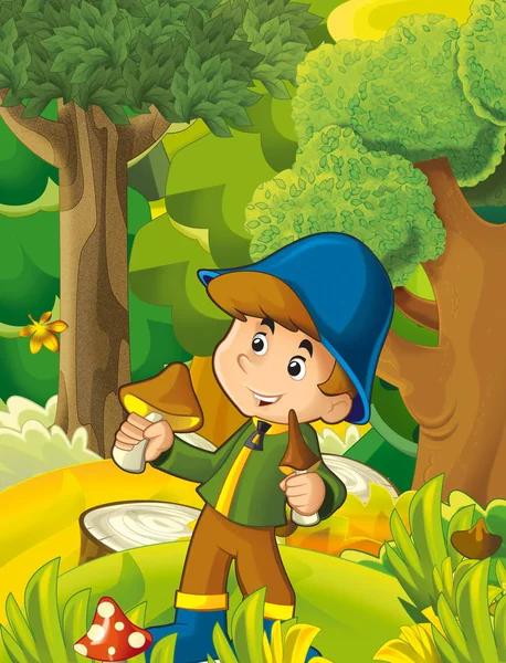 Cartoon Scene With Boy Gathering Mushrooms — Stock Photo, Image