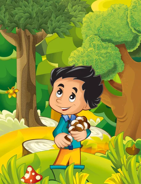 Cena dos desenhos animados com o menino reunindo cogumelos — Fotografia de Stock