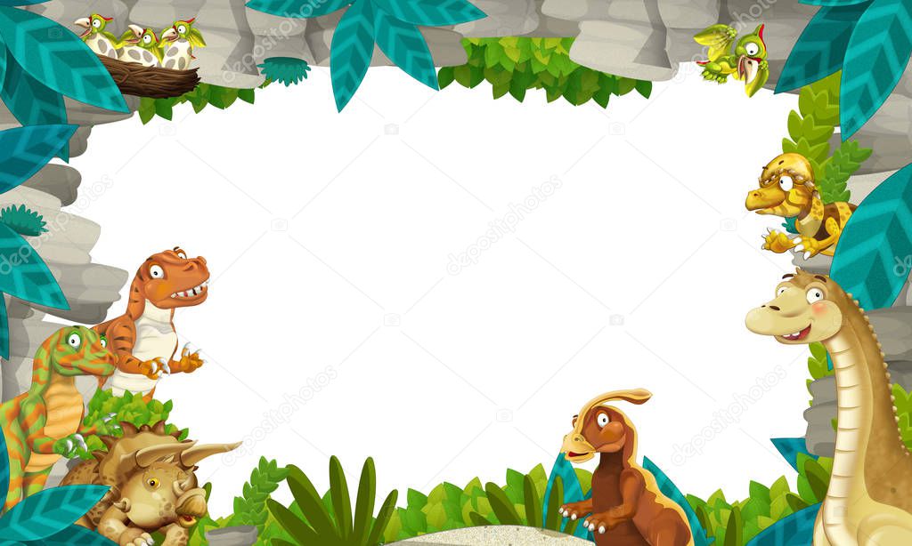 Cartoon prehistoric nature frame with dinosaurs