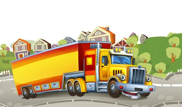 运货卡车与拖车开车穿越城市 — 图库照片