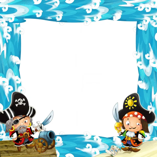 Water with waves frame with fighting pirates — Stock Photo, Image