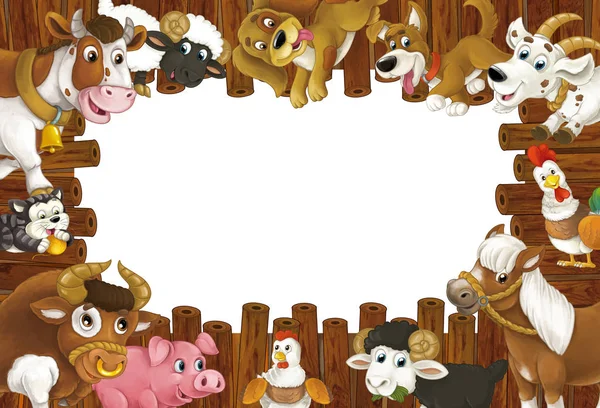 Dřevěný rám s různými hospodářskými zvířaty — Stock fotografie