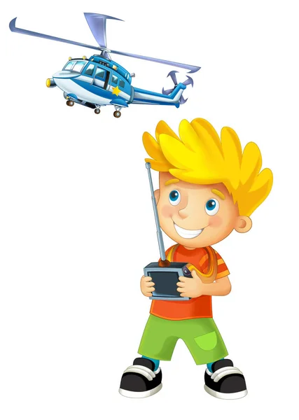 Хлопчик грає з радіоконтролером для моделі вертольота — стокове фото