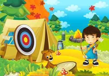 mutlu ve komik çocuk ormanda - camping
