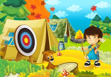 mutlu ve komik çocuk ormanda - camping