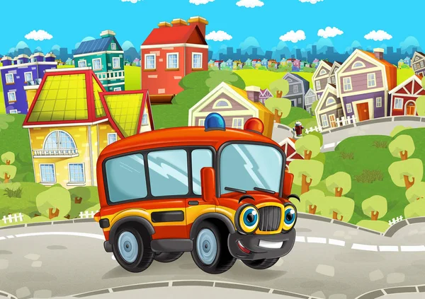 Ônibus dos desenhos animados dirigindo pela cidade — Fotografia de Stock