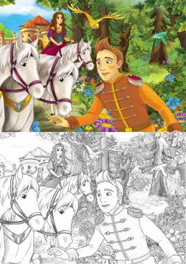 Prenses ve Prens onun atları ile ormanda castle yakınındaki oteller