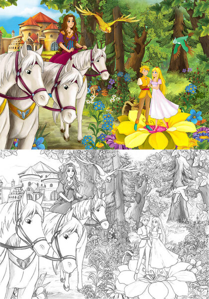 woman in the forest with her horses near the castle 