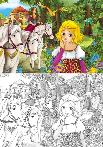 Frau im Wald mit ihren Pferden in der Nähe der Burg — Stockfoto