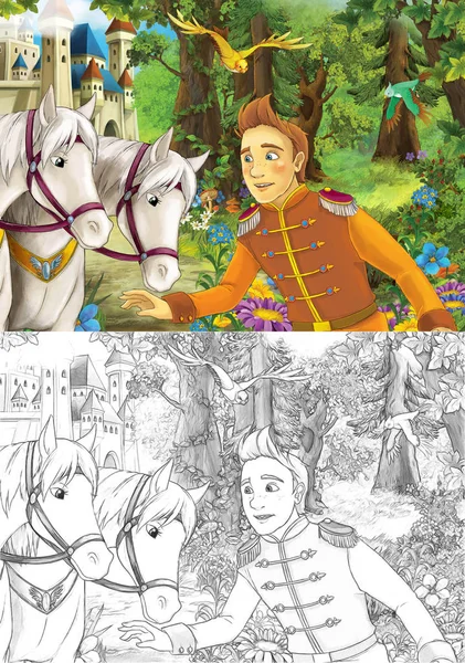 Princ v lese u koní nedaleko hradu — Stock fotografie