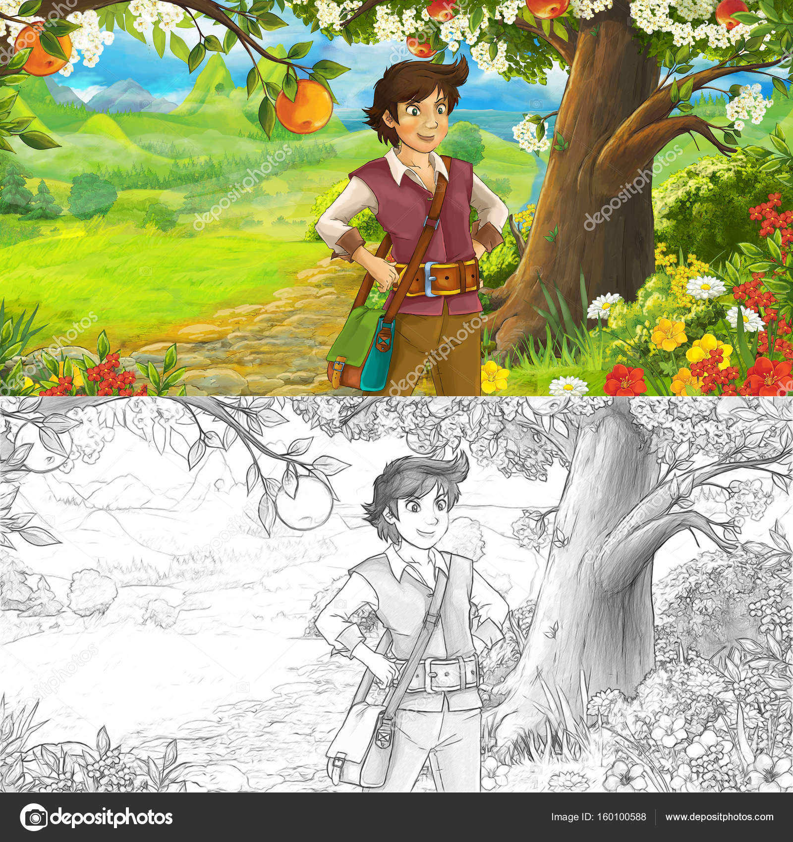 voyageur ou prince de la forªt — graphie illustrator hft Dessin animé la sc¨ne avec le jeune voyageur ou prince de la forªt marche Coloriage illustration pour enfants — Image de illustrator hft