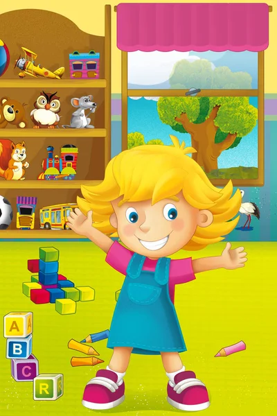Criança engraçada e guarda-roupa cheia de brinquedos — Fotografia de Stock