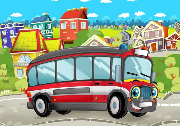 Autobús de dibujos animados mirando la conducción a través de la ciudad — Foto de Stock