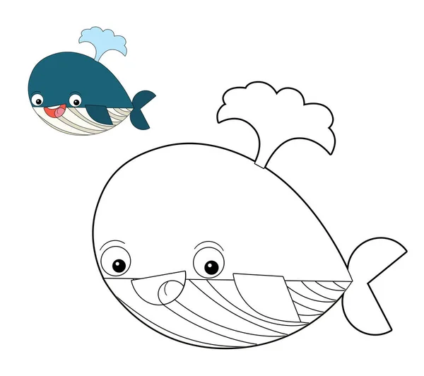 cartoon happy and funny sea whale spraying water and treasure - illustration for children