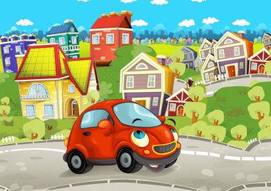 Araba gülümseyen ve şehrin içinden sürüş