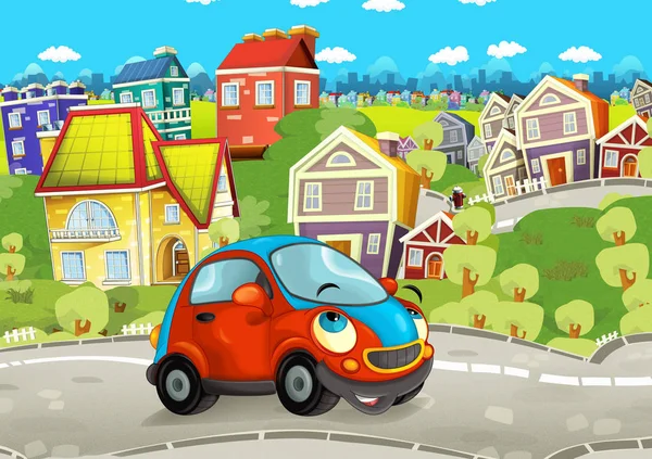 Araba gülümseyen ve şehrin içinden sürüş