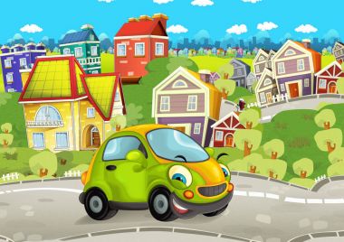 car smiling and driving through the city clipart
