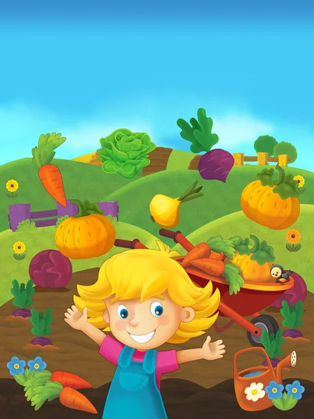 Cartoon scene of girl on the farm — Stock Photo, Image