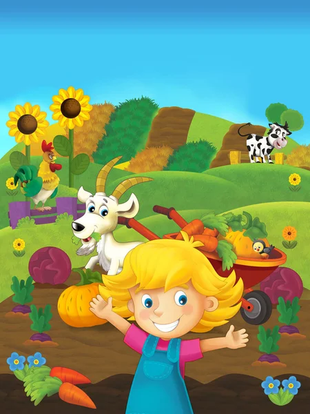 Cartoon scene of girl on the farm — Stock Photo, Image