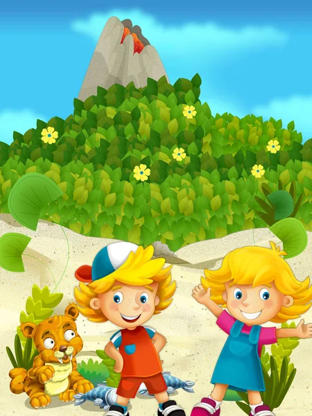 Cartoon nature scene with children