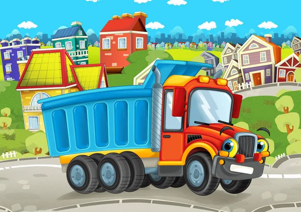 Cartoon truck driving through the city — Stock Photo, Image