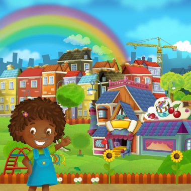 Bahçesi ve çocuğun önünde bir şeker dükkanı 