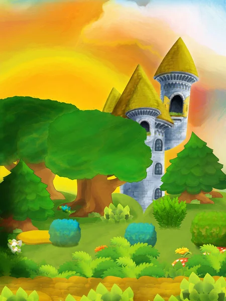 Cartoon bos scène met kasteeltoren — Stockfoto