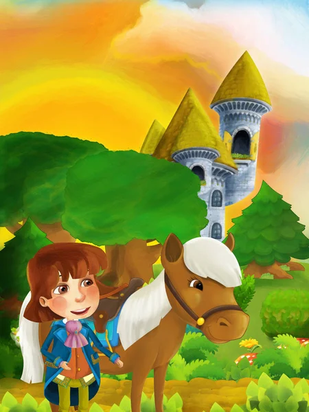 Príncipe com seu cavalo de pé perto da torre do castelo — Fotografia de Stock