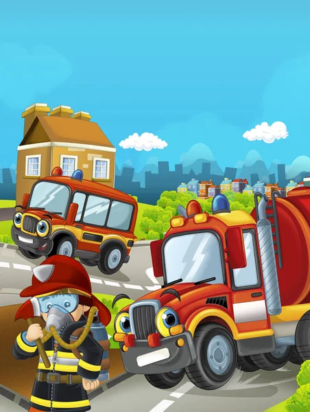 Различные автомобили для пожаротушения и пожарного — стоковое фото