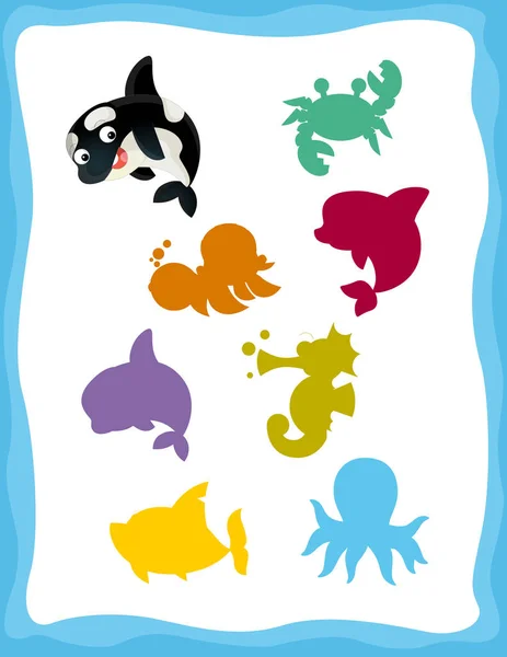 Cartoon matching game with sea animals — Stock Photo, Image