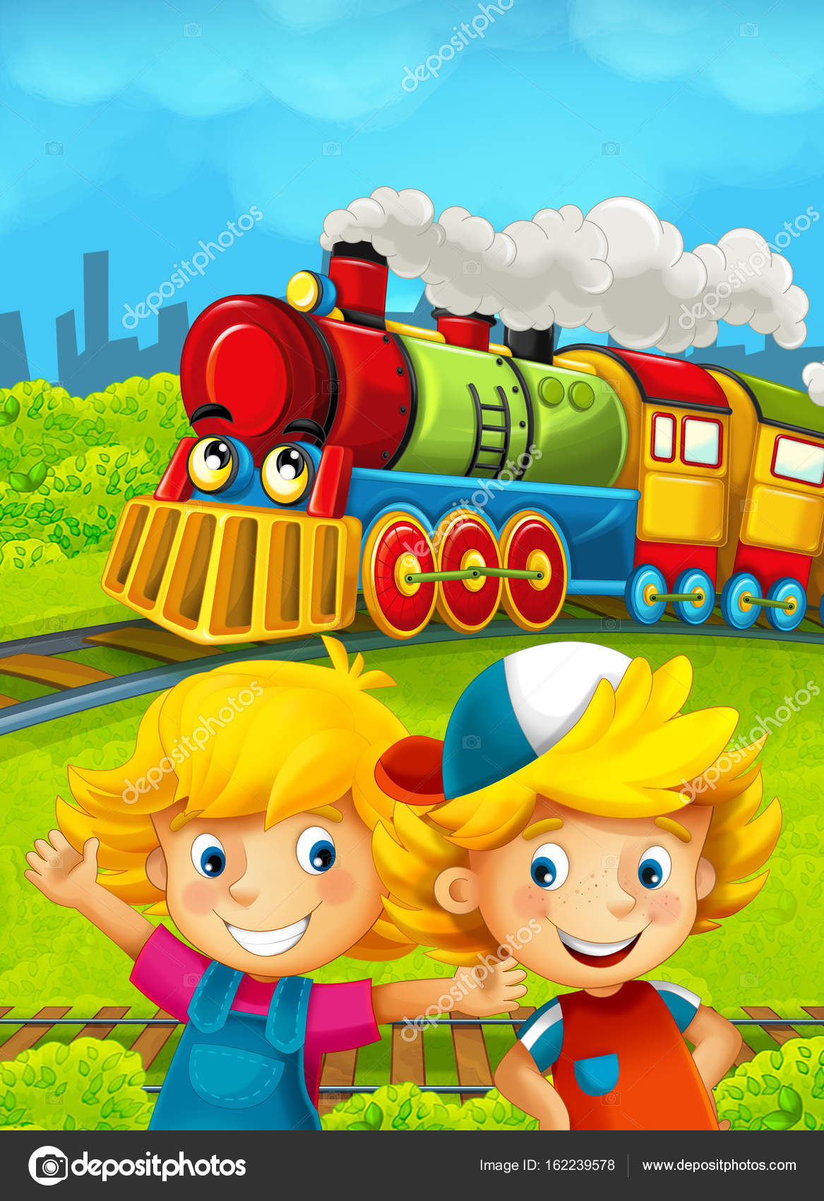 Dessin Anime Avec Des Train Scène de train de dessin animé avec des enfants heureux — Photographie