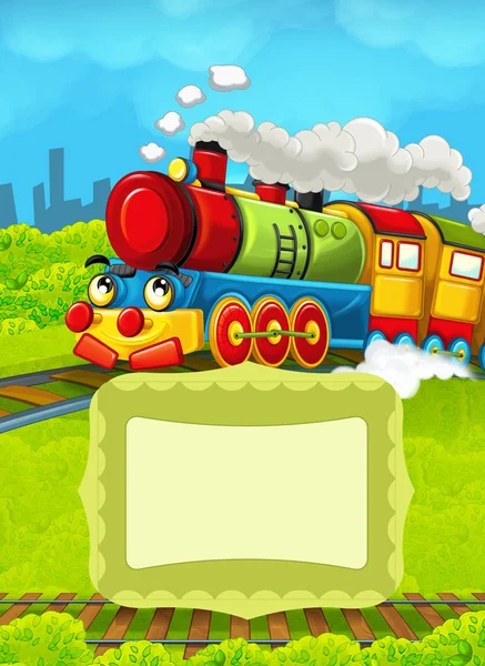 Cartoon train scene with space for text