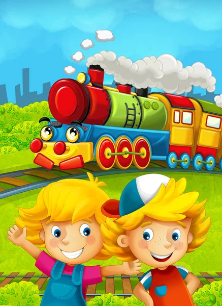 Cartoon train scene with happy kids