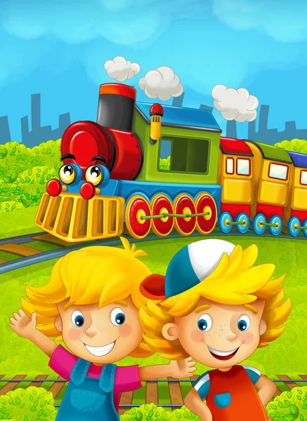 Cartoon train scene with happy kids