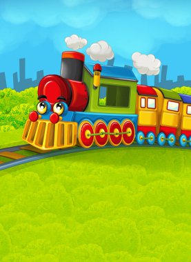 Çizgi film tren sahne çayır üzerinde 