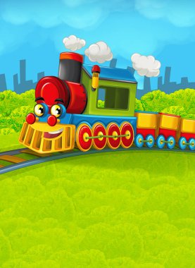 Çizgi film tren sahne çayır üzerinde 