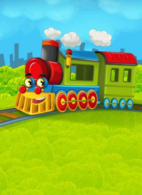 Çizgi film tren sahne çayır üzerinde 