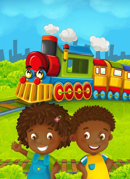 Cartoon train scene with happy kids