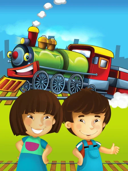 Cartoon train scene with happy kids