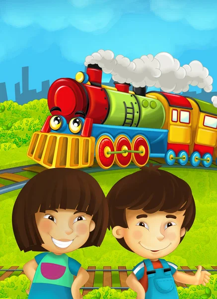 Kreskówka kolejowego scena z szczęśliwy kids — Zdjęcie stockowe