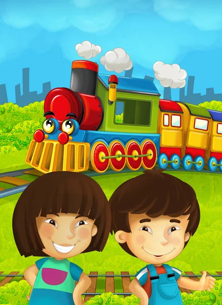 Cartoon train scene with happy kids — Stock Photo, Image