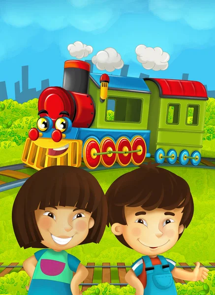 Dibujos animados escena del tren con niños felices —  Fotos de Stock